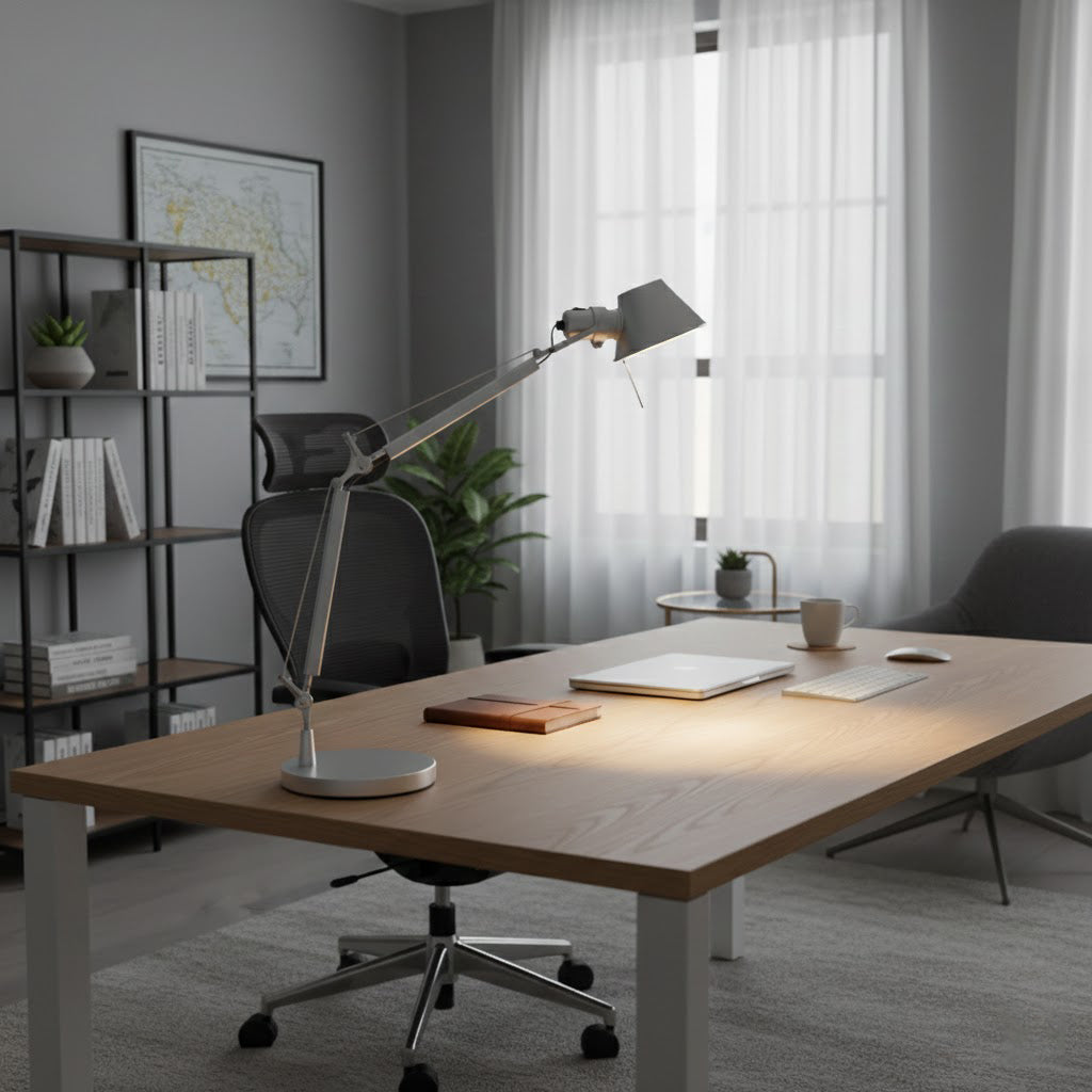 Lampe de table chromée design épuré hauteur ajustable bureau salon contemporain — Vue 3 | Atelier Norell