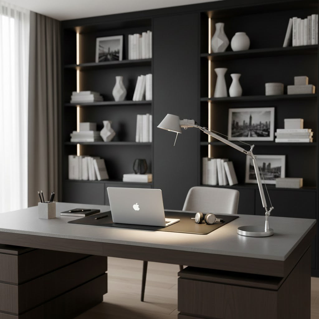 Lampe de table chromée design épuré hauteur ajustable bureau salon contemporain — Vue 2 | Atelier Norell