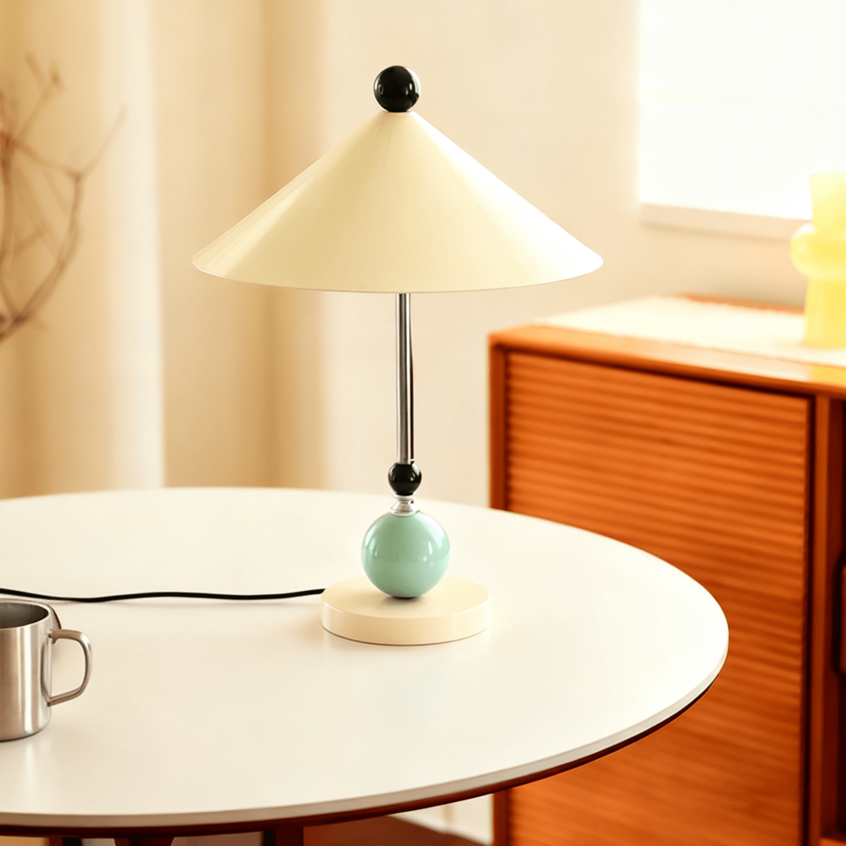 Lampe de table métal vert géométrique tissu beige design contemporain salon bureau — Vue 2 | Atelier Norell