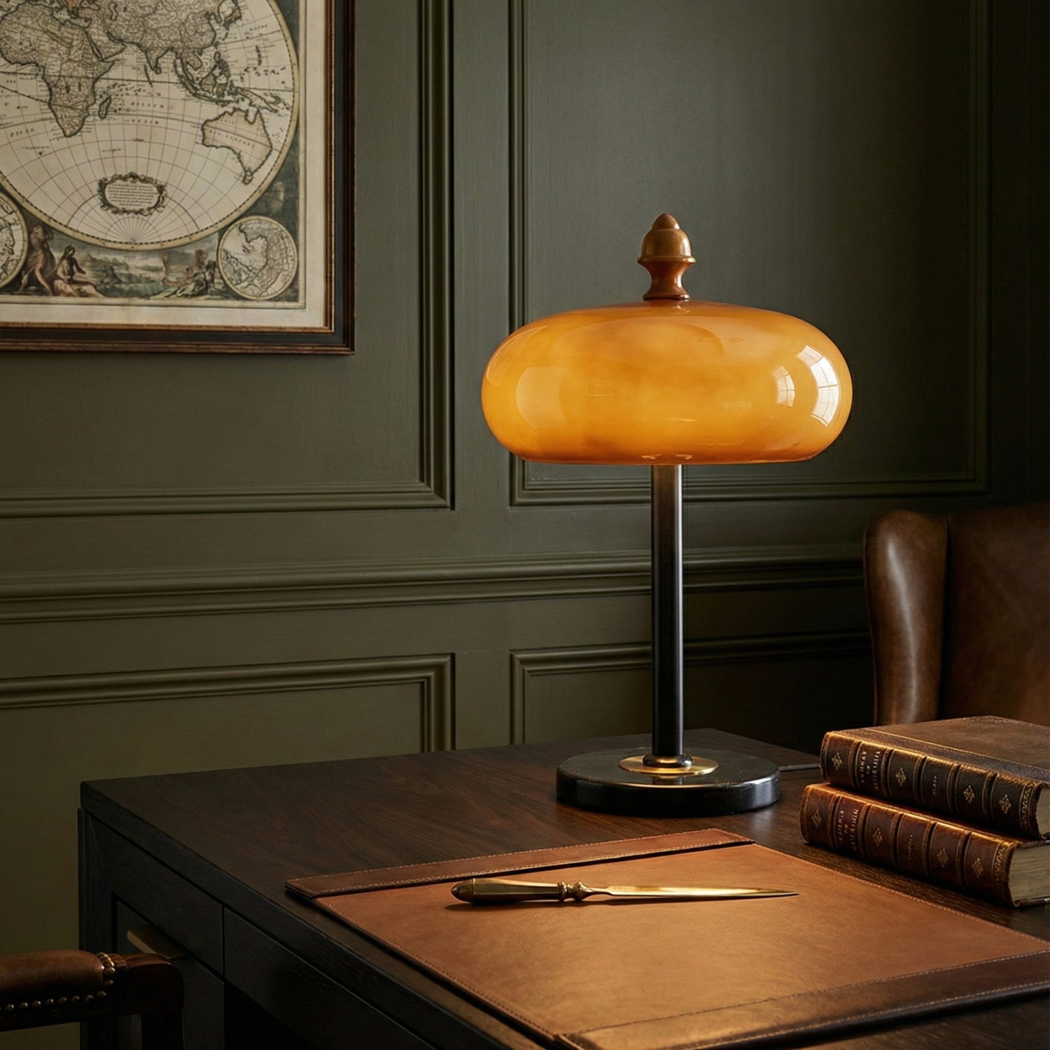 Lampe de table métal noir cuir caramel design contemporain industriel salon bureau — Vue 2 | Atelier Norell