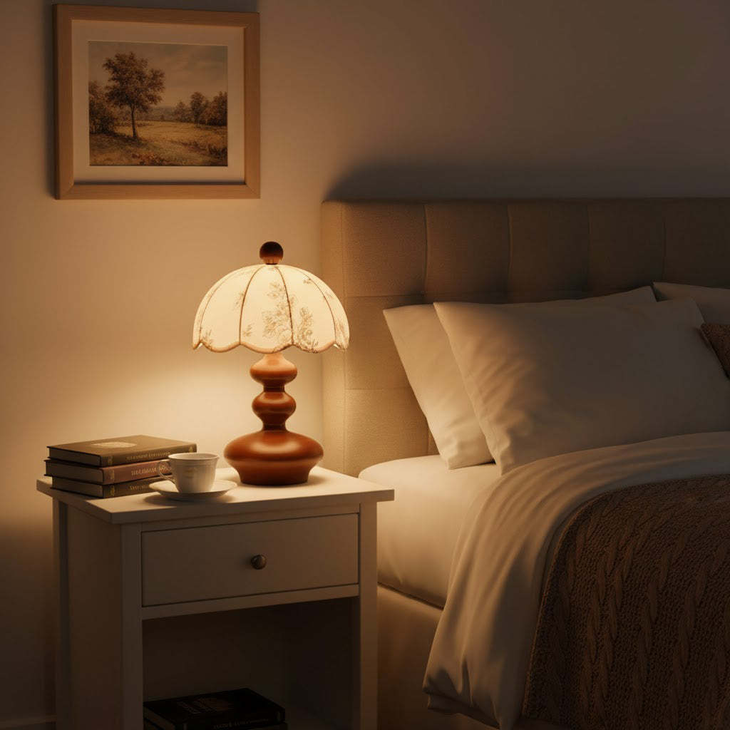 Lampe de table bois noyer abat-jour tissu blanc design scandinave naturel salon chambre — Vue 2 | Atelier Norell